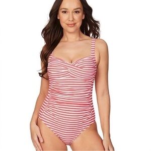 Nip Tuck Joanne Tummy Control Ruched One Peice Swim Suit Sorento Red Stripe